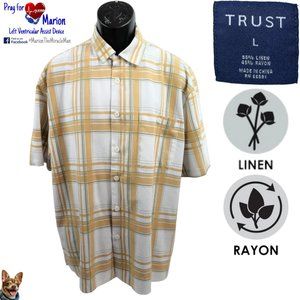 Trust Large Tan White Plaid Linen Rayon Short Sleeve Button Down w/ Pocket